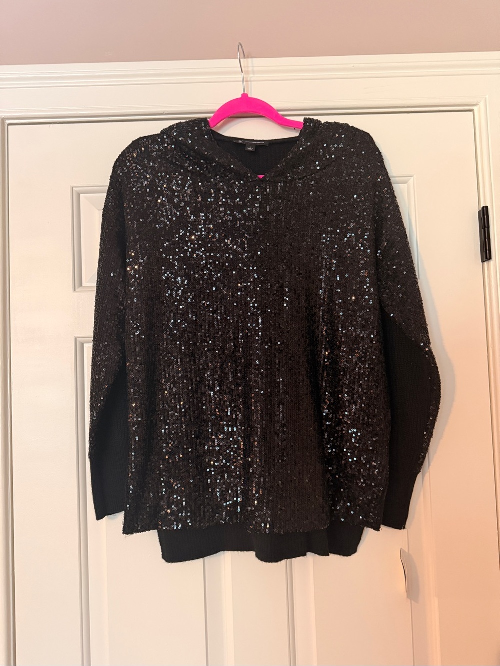 INC International Concepts Black Sequin Hooded Pullover